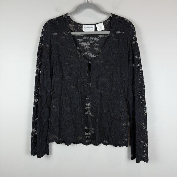 Hugo Buscati Mesh Lace Top Women M Black One Button Whimsigoth Fairy Grunge USA - Picture 1 of 8